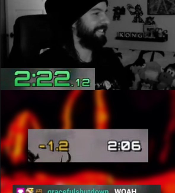 “The 2:06”: A short of the live reaction and capture of a speedrunning milestone performed live on stream.
